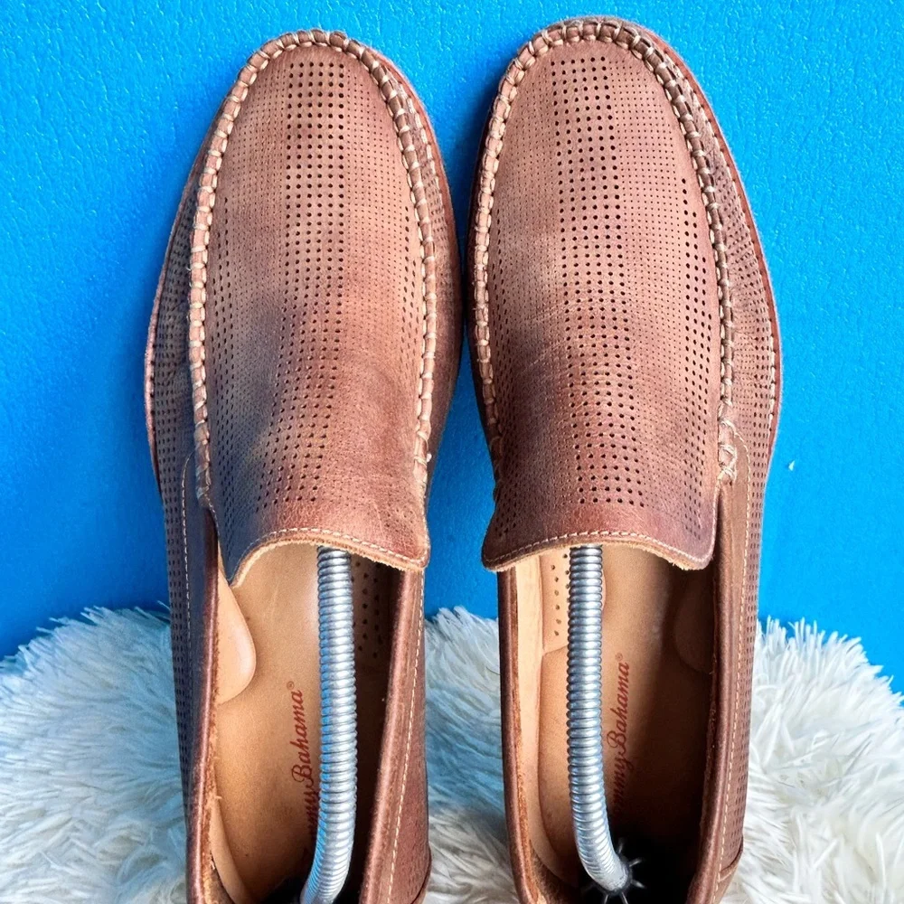 Tommy Bahama Felton nubuck perforated leather slip-on shoes in a brown